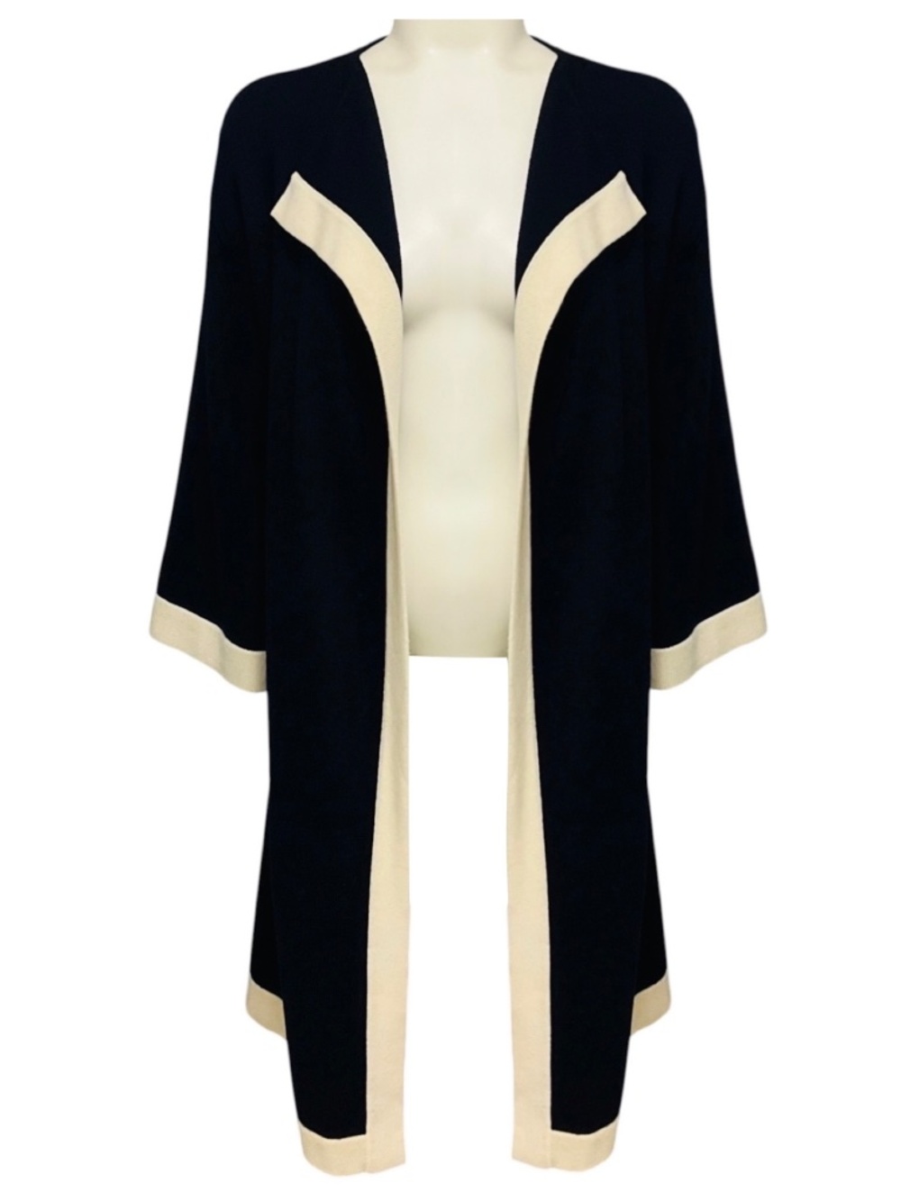 CHANEL NAVY / WHITE 2016 CASHMERE KNIT LONG CARDIGAN SWEATER WITH SILVER CC LOGO